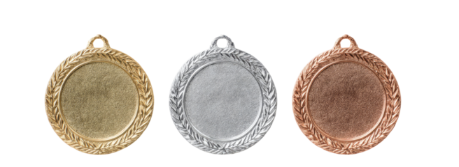 Three blank achievement medals in gold, silver, and bronze