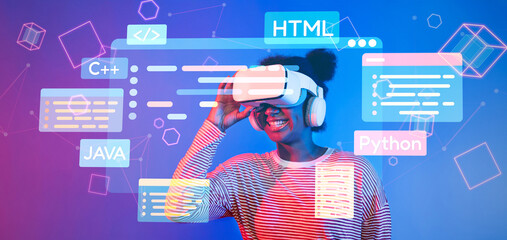 A joyful young woman immersed in a virtual reality experience, surrounded by colorful coding...