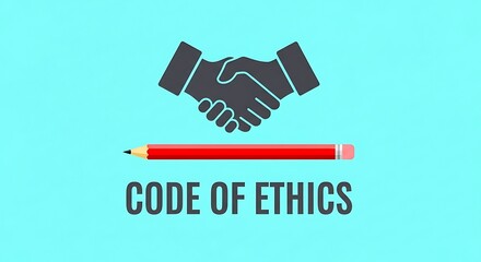 Code of ethics with handshake and pencil on a blue background, business concept
