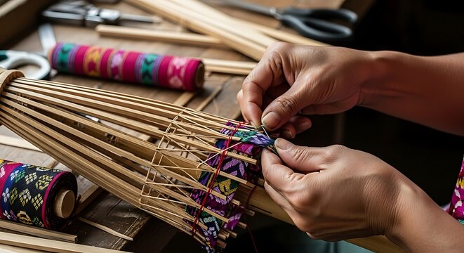 Artisan handcrafting a traditional bamboo umbrella with colorful threads.