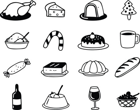Vector holiday food icons bundle roast turkey desserts drinks festive christmas celebration graphics