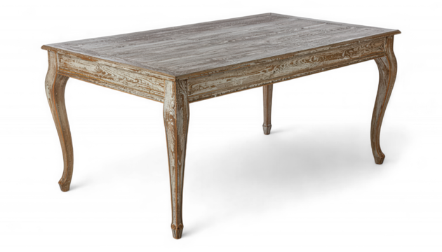 Elegant Wooden Dining Table with Reclaimed Timber Top. Hyper-Realistic 3D Farmhouse Furniture Icon. Polished Tapered Leg Table.