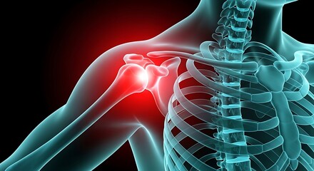 Human shoulder joint pain with red glow and skeleton xray effect