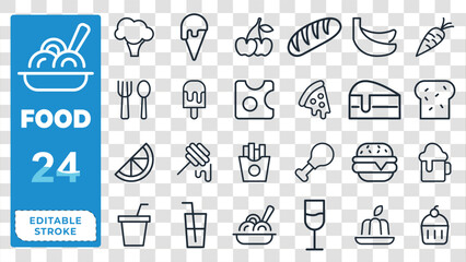 Collection of food and drink line art icons on a transparent background vector illustration