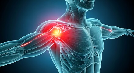 Human shoulder joint pain with red glow and skeleton xray effect