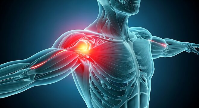Human shoulder joint pain with red glow and skeleton xray effect