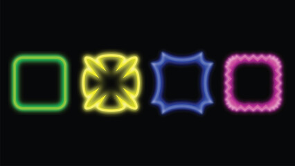 A vibrant neon trio featuring a green square, a pink star, and a blue hexagon glowing against a dark backdrop.
