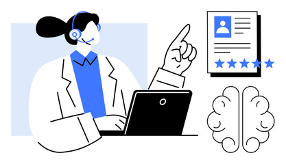 Customer support agent at laptop with headset pointing at user profile and ratings, next to AI brain graphic. Ideal for technology, customer service, AI, feedback, ratings, communication, teamwork