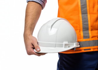 Construction worker’s hand holding safety helmet isolated on a transparent background.