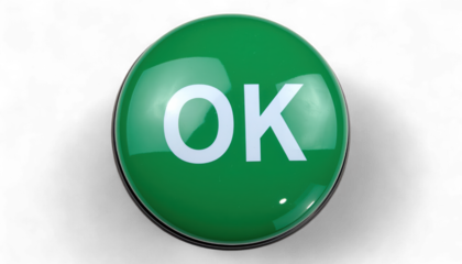 Round Green OK Button with Raised White Text. Hyper-Realistic 3D Confirmation and Dialog Icon. Elegant Glossy Domed Interface Button.