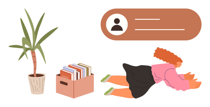 Woman absorbed in reading on floor, surrounded by personal growth symbols thumbs up box of books, plant, and minimalist user profile graphic. Ideal for learning, passion, organization, self-care
