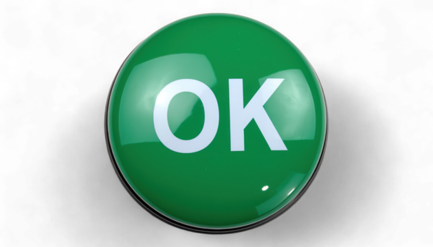 Round Green OK Button with Raised White Text. Hyper-Realistic 3D Confirmation and Dialog Icon. Elegant Glossy Domed Interface Button.