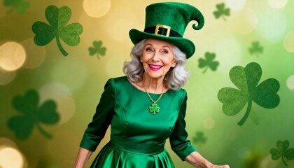 An elderly Caucasian woman with gray hair wears a green dress and a tall green hat. She smiles against a festive green background with shamrocks, celebrating St. Patrick's Day.