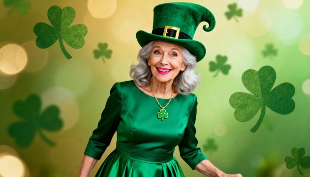 An elderly Caucasian woman with gray hair wears a green dress and a tall green hat. She smiles against a festive green background with shamrocks, celebrating St. Patrick's Day. - Powered by Adobe