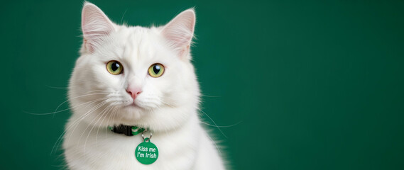 A fluffy white cat with green eyes sits against a green background. The cat wears a collar with a green tag, celebrating St. Patrick's Day.