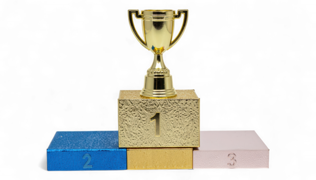 Golden Trophy on Three Tiered Sapphire Blue Podium. Hyper-Realistic 3D Award and Victory Symbol. Elegant Winning Achievement Icon.