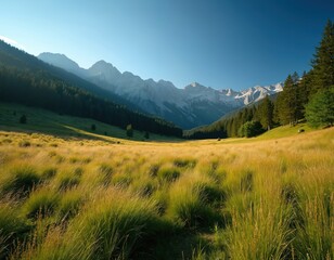 Obraz premium Mountain landscape with green grass, trees. Snowy mountain range under blue sky. Nature scenery with forest, hills. Green field, trees in front of mountains. Landscape with grassy field, forest.