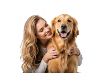 Joyful young woman embraces her happy golden retriever dog with affectionate smile isolated on transparent background