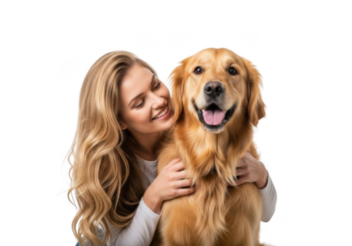 Joyful young woman embraces her happy golden retriever dog with affectionate smile isolated on transparent background