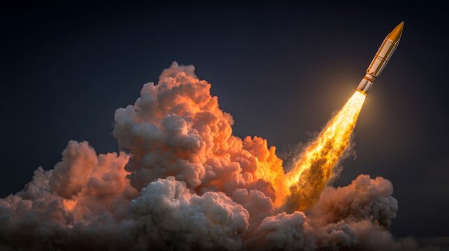 Rocketry and reach: the intricacies of missile propulsion. Genuine view. Missile ascension at dusk: a subtle shift in evening's hue. Breaking news. Real moment.