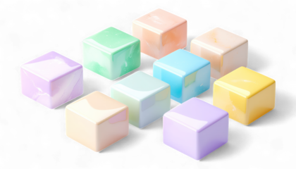 Grid of Nine Pastel Colored Frosted Cubes. Hyper-Realistic 3D Modern Design and Block Icons. Elegant Lavender and Mint Green Cubes.