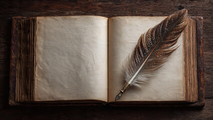 Artistic flat lay of antique open book, aged blank pages, and vintage feather quill. Symbolizes timeless wisdom, classic writing, and the pursuit of knowledge and storytelling