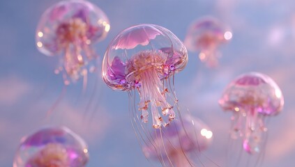 Ethereal cluster of translucent pink jellyfish floating in a soft, dreamy sky