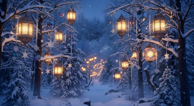 Enchanting winter forest path illuminated by glowing lanterns hanging from snow covered trees