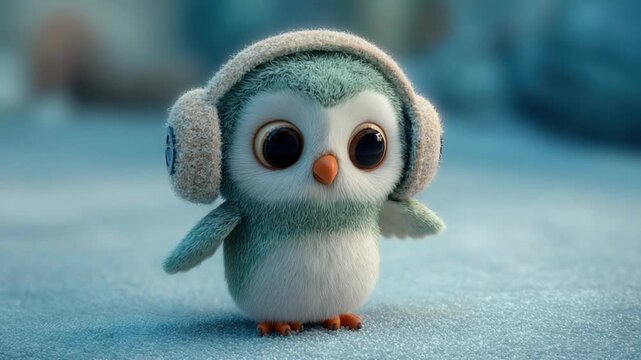 Cute, fuzzy owl wearing earmuffs stands on a snowy surface