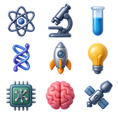 Collection of 3d icons representing science, technology, research, innovation, education, and future advancements