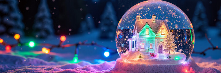 Snow globe with magical illuminated house and Christmas tree inside in vibrant colors for holiday decoration, Panoramic photo with copy space