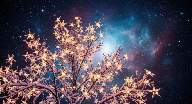 A tree covered in snow and twinkling lights against a starry sky