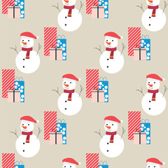 Seamless Christmas Pattern with Snowman and Gift Boxes. Festive winter background for wrapping paper, textiles, and holiday decorations.