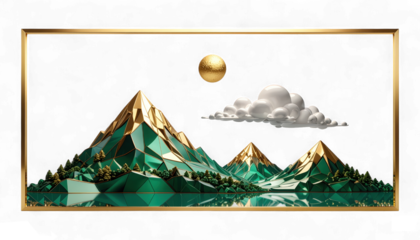 Miniature Landscape with Jade Green Mountains and Gold Sun. Hyper-Realistic 3D Nature and Scenic Icon. Elegant Abstract Environment.