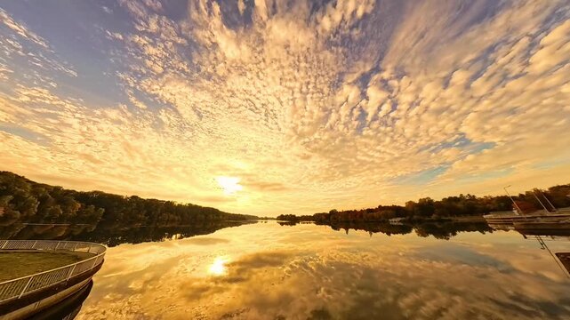 4K Timelapse video with moving clouds and reflections near sunset or sundowner at Zulling, Landau, river Isar, Dingolfing, Bavaria, Germany