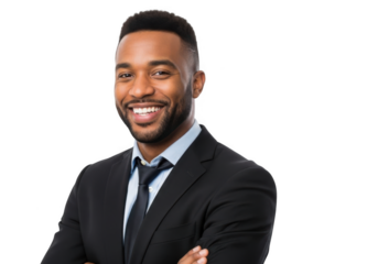 Smiling african american businessman in a sharp black suit with arms crossed professional portrait isolated on transparent background