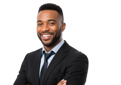 Smiling african american businessman in a sharp black suit with arms crossed professional portrait isolated on transparent background