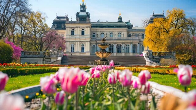 A grand palace is seen beyond a floral garden with a fountain; trees frame the view