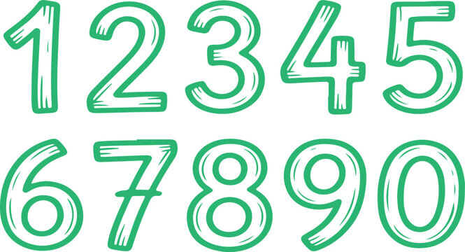 Green numbers one through zero hand drawn style digits counting