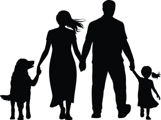 Silhouette of happy family walking together with child and dog, parents holding hands, pet companionship outdoor illustration