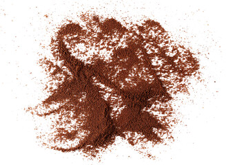 Ground coffee scattered isolated on white background, top view