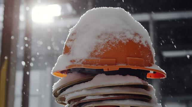 Snow-covered hard hats rest on a construction site, symbolizing the pause in labor due to inclement weather. Winter stops work for now, orange safety gear.