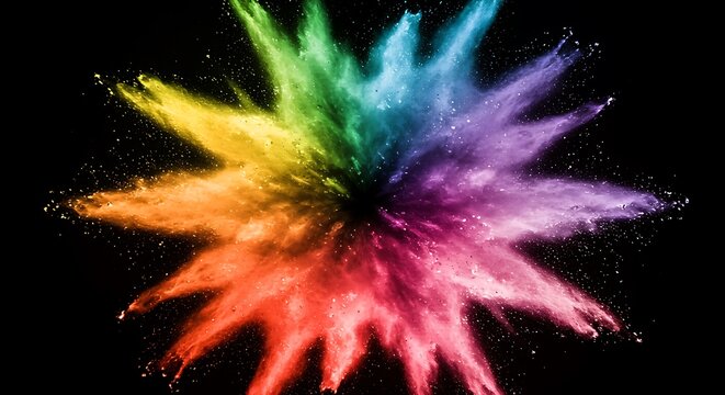 Explosion of vibrant rainbow colors powder paint on a dark background