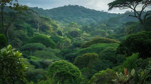 Dense tropical rainforest canopy with verdant trees and hills