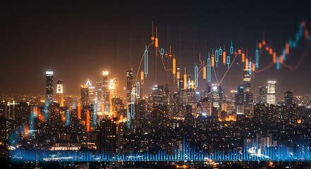 Financial Chart Over City Skyline at Night Business Investment Concept
