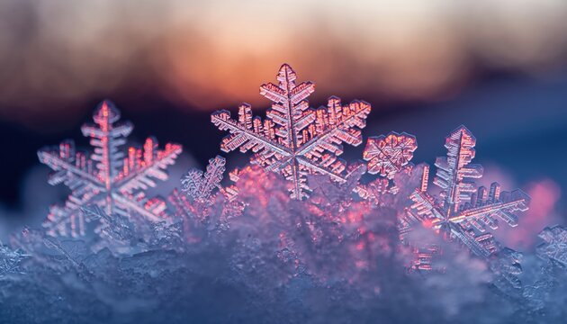 Glittering snowflakes rest upon a soft icy surface, glowing gently in pastel winter light and revealing the fragile artistry shaped by cold winds and quiet frozen air - Powered by Adobe