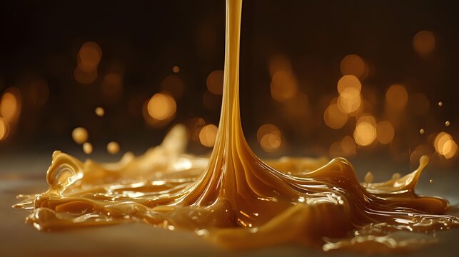 Golden caramel liquid pouring creating splash and ripples ideal for dessert topping or sauce advertisement - Powered by Adobe