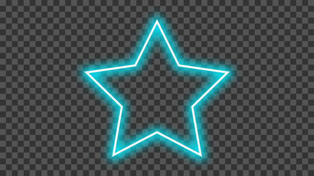Neon glowing blue star shape frame. Blue star light with realistic neon glow effect. Shining neon glow star isolated on transparent background. Vector illustration.