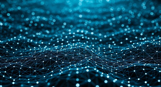 Abstract blue digital network grid with glowing nodes and connections, representing data and technology