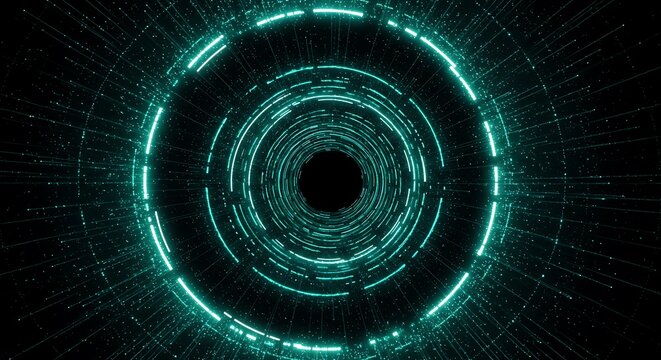 Futuristic tunnel of glowing cyan rings and lines, creating a sense of speed and travel through a digital wormhole or portal - Powered by Adobe